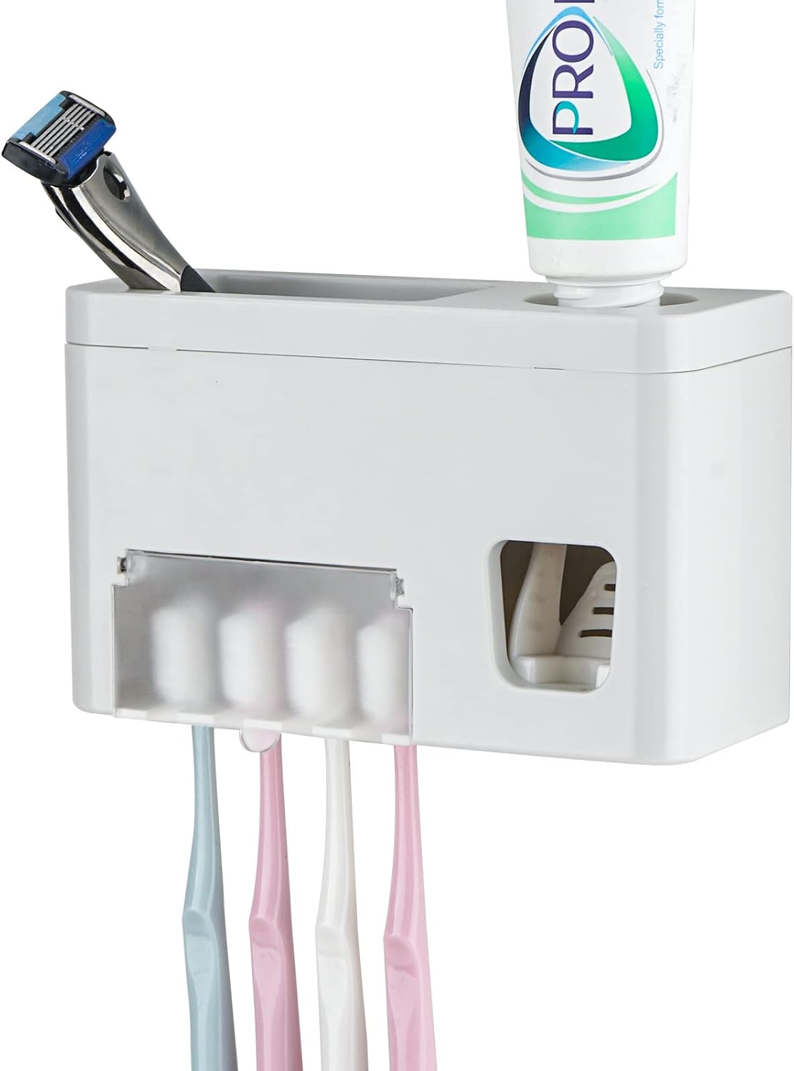 LUEXBOX Self Adhesive Toothbrush Holders Wall Mounted, Multifunction Toothpaste Stand with Covers, Automatic Toothpaste Dispenser for Bathroom, Toothbrush Hanger Rack for Dorm, Cabinet