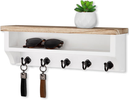 Nekon Key Holder Wall Mount, Wall Organizer Shelf with 5 Key Hooks, Room Decor for Home and Apartment Essentials, White
