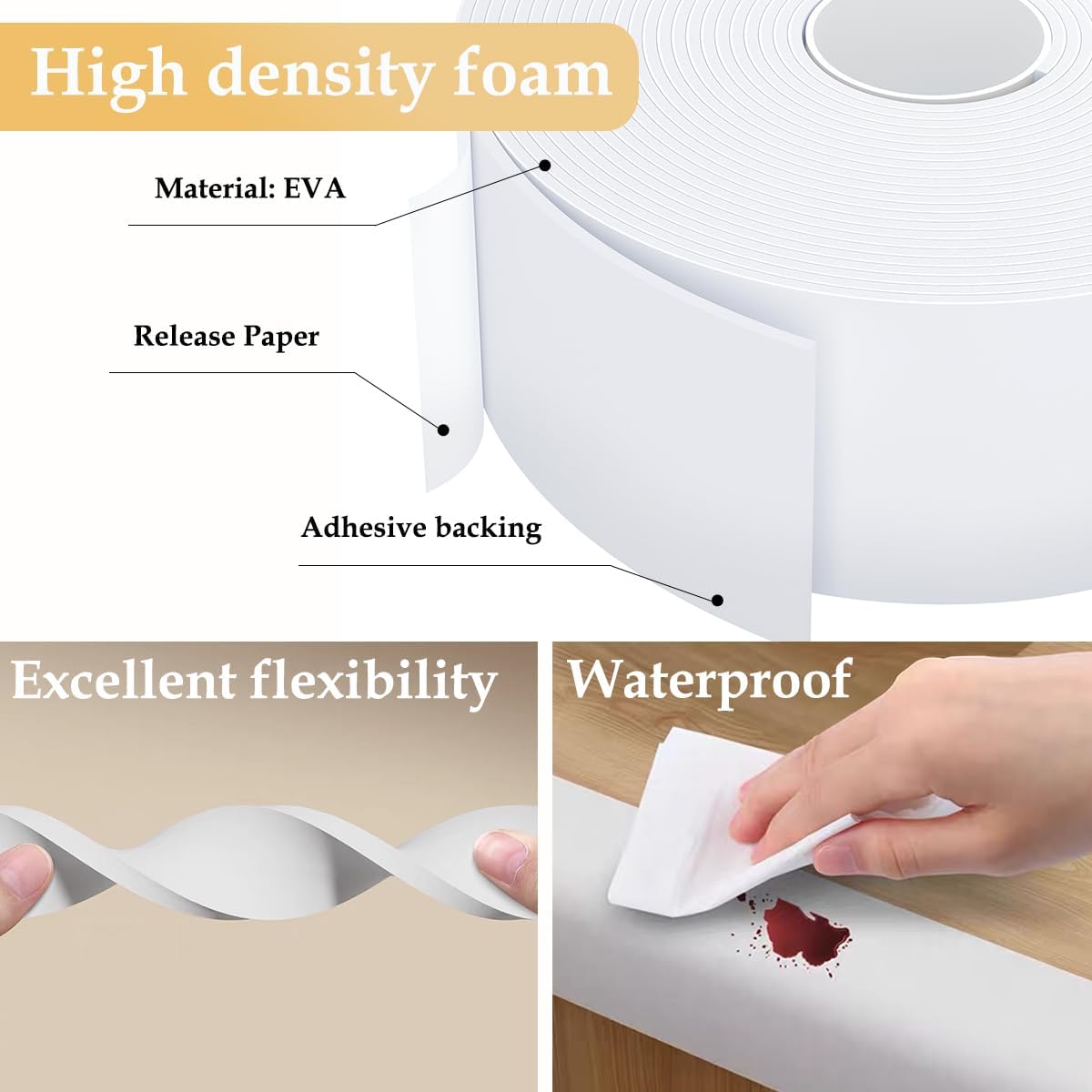 Weather Stripping Door Seal White,1/2Inch Wide X 1/4 Inch Thick,Air Conditioner Window Seal,Self Adhesive Foam Tape High Density Foam Sealing Strip,Soundproof Foam Tape Roll,Total 16.4 Feet Long