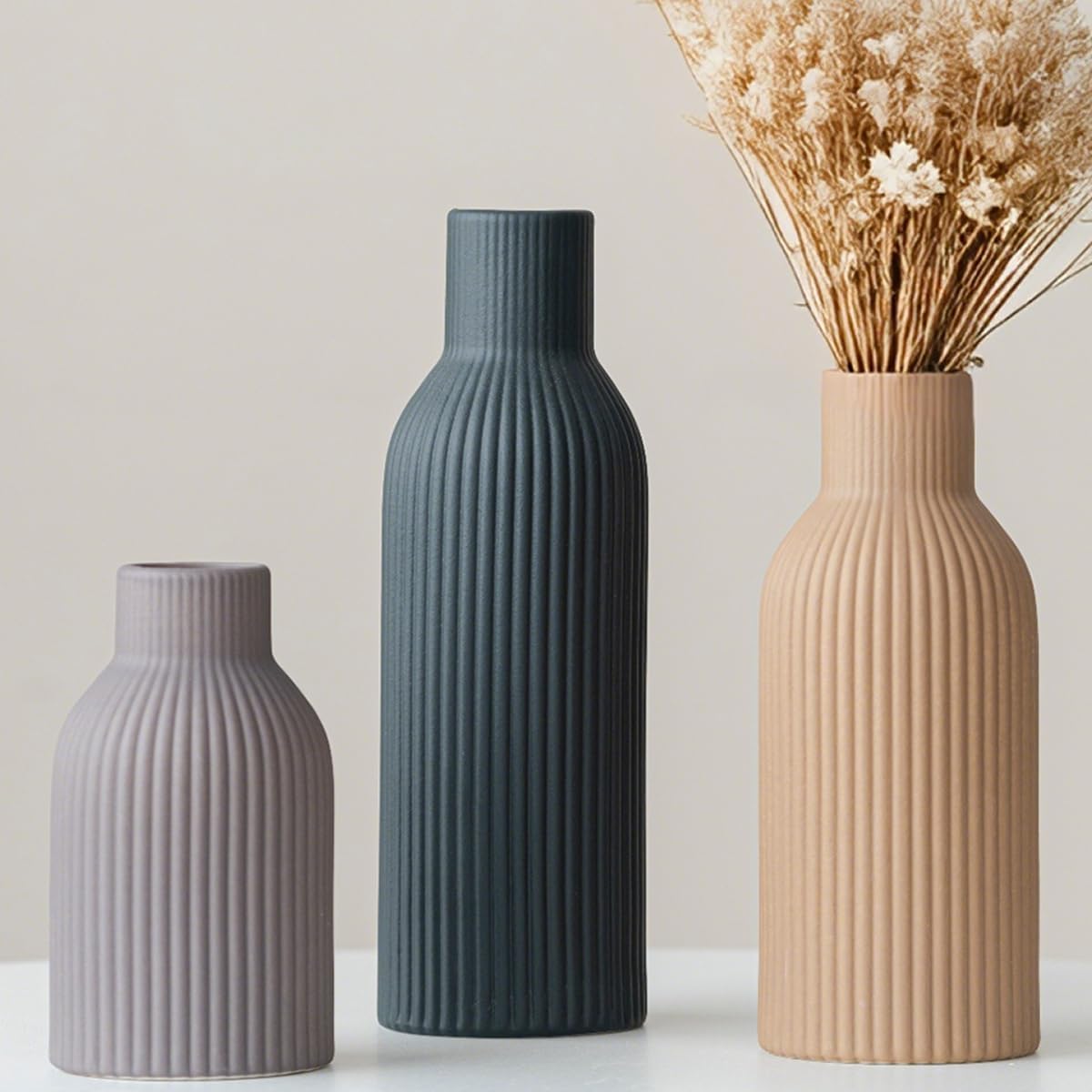 Modern Ceramic Vases Set of 3, Coffee Table Ribbed Decorative Vases, Shelf Table Centerpiece for Home Decor (Coffee Mix)
