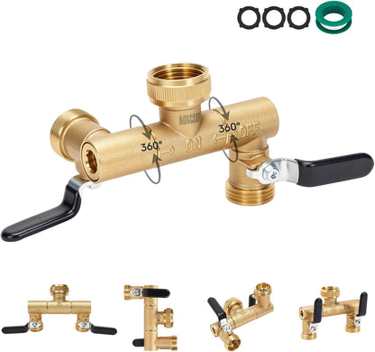2 Way Garden Hose Splitter, Brass Y-Valve Hose Splitter. | Brass Garden Hose Splitter, 2 Way Heavy Duty Faucet Splitter with Shut Off Valve, 3/4" GHT Thread, Hose Bib Adapter