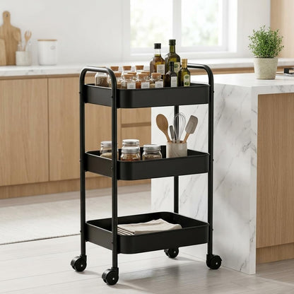 3-Tier Metal Rolling Cart with Smooth Casters, Lightweight Storage Utility Cart Mobile Organizer Rack, Multi-Purpose Basket Shelf for Kitchen, Bathroom, Closet, Pantry-Black