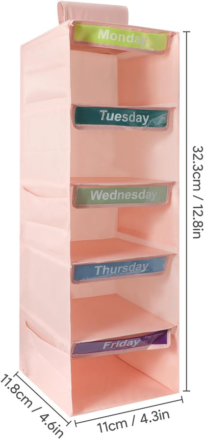 5-Shelf Weekly Clothes Organizer for Kids Days of The Week Hanging Storage Shelves Dorm Room Essential Daily Shelf Hanging Closet Organizer with 6 Side Pockets…