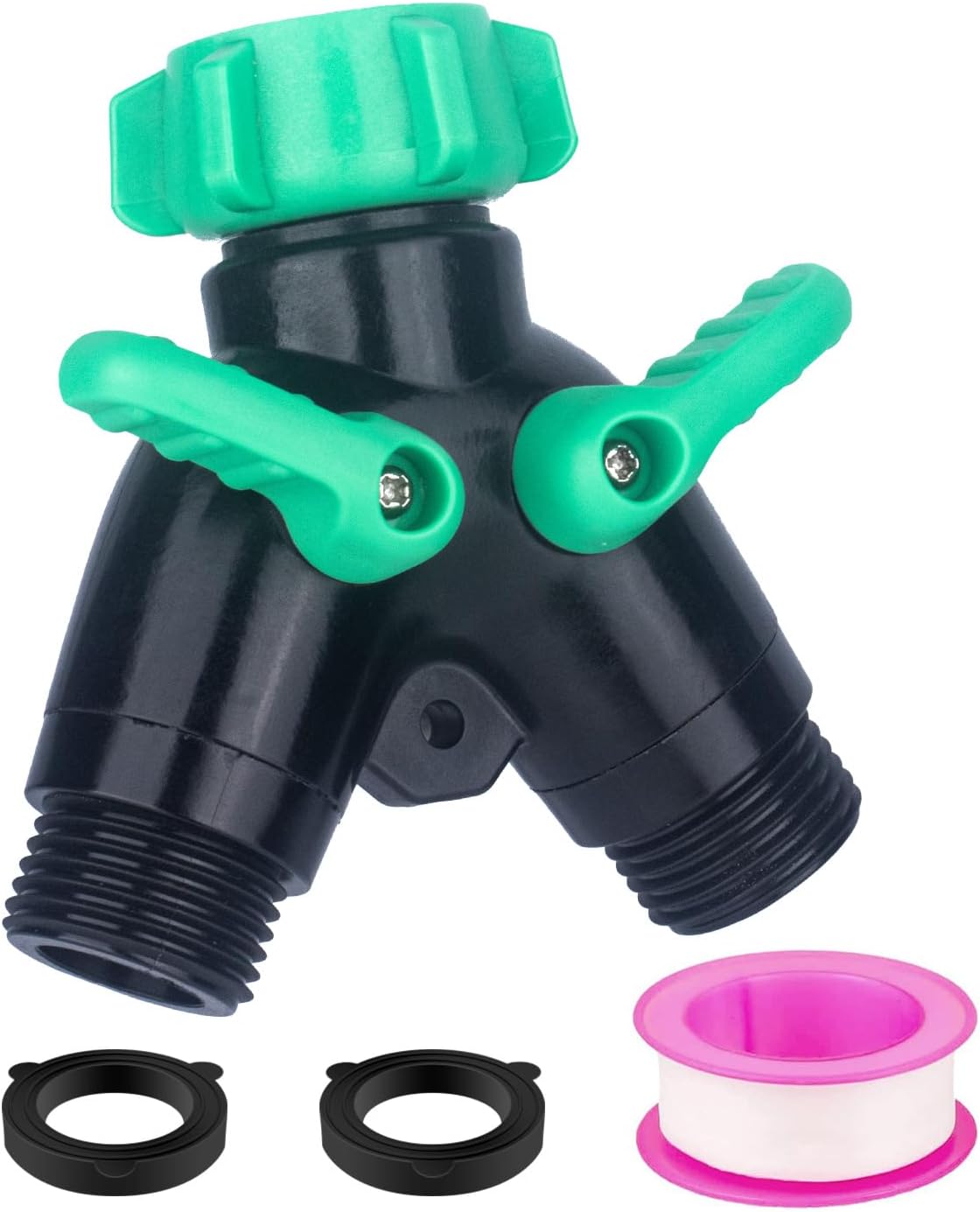 2 Way Garden Hose Splitter, Heavy Duty Brass Y Valve, 3/4” GHT Outdoor Faucet Splitter with Dual Shut Off Valves, 304 Stainless Steel Long Handles, Leak-Proof