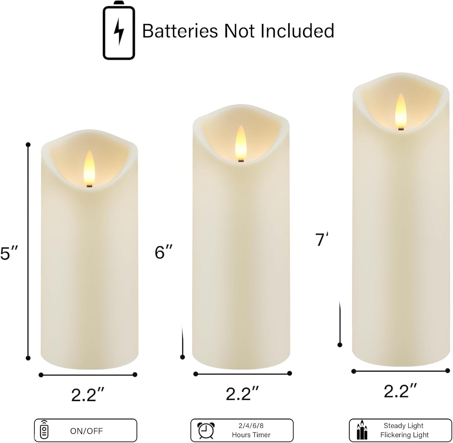kakoya Flickering Flameless Candles Battery Operated with Remote and 2/4/6/8 H Timer Plexiglass Led Pillar Candles Pack of 9(D2.3 xH5.5 6.5" 7.5") with Realistic 3D Wick Candles for Home Decor(Ivory)