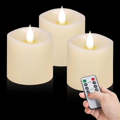 3x4 Flickering Flameless Candles Set of 3,Real Wax Pillar LED Candles,with Timer,4 inch Flameless Candles with Remote,for Party Wedding Holiday Home Decor,Ivory