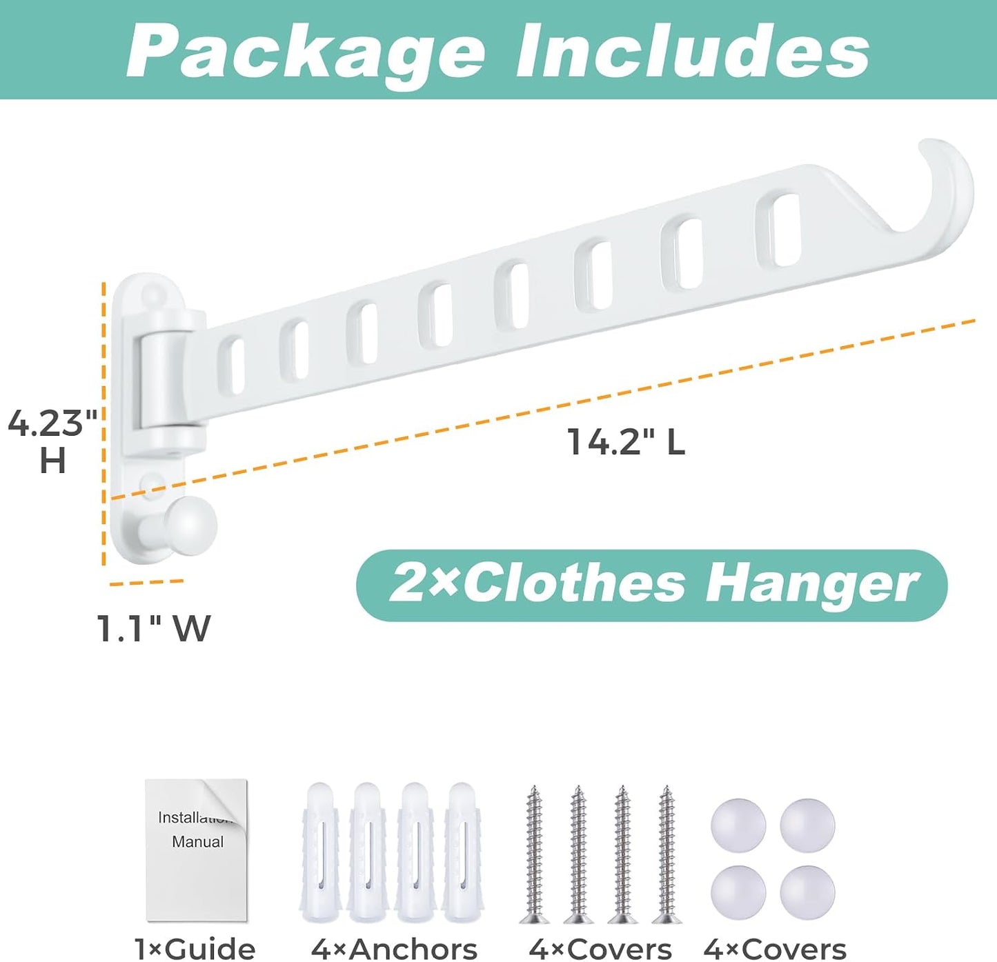 Wall Mounted Clothes Hanger with Swing Arm - 8-Hole Laundry Room Drying Rack | 180° Rotation & Space Saving for Hanging Clothes | Swing Away Coat Hanger | Aluminium(2-Pack, White)