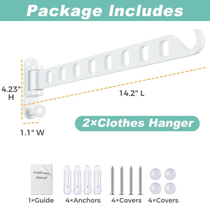 Wall Mounted Clothes Hanger with Swing Arm - 8-Hole Laundry Room Drying Rack | 180° Rotation & Space Saving for Hanging Clothes | Swing Away Coat Hanger | Aluminium(2-Pack, White)