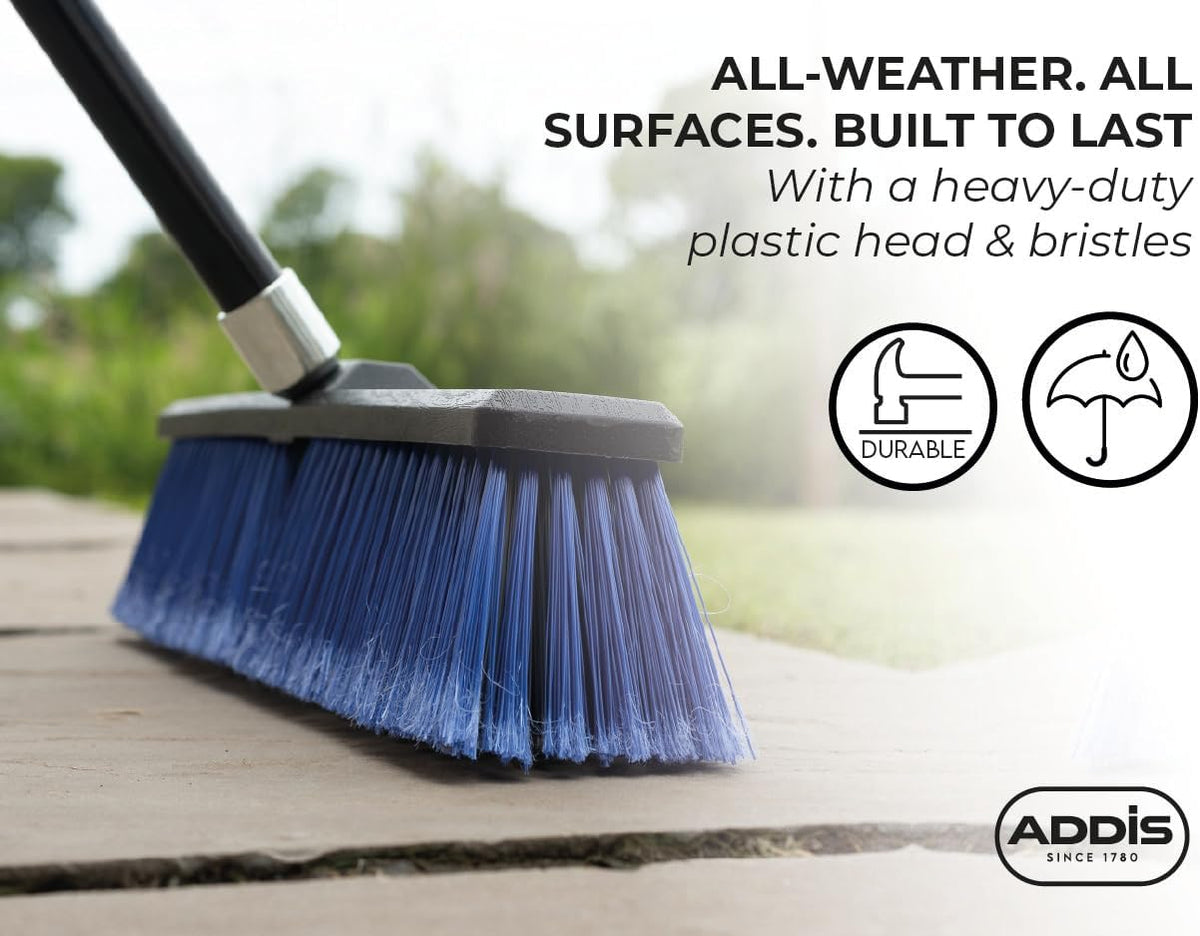 Outdoor Broom & Patio Brush by Addis – Heavy Duty 45cm (17.7") Angled Head with Stiff Bristles Deck Driveway Garden & Yard Sweeping Brush Large Push Broom for Concrete Tile Wooden Floors, Blue Black