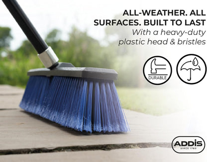 Outdoor Broom & Patio Brush by Addis – Heavy Duty 45cm (17.7") Angled Head with Stiff Bristles Deck Driveway Garden & Yard Sweeping Brush Large Push Broom for Concrete Tile Wooden Floors, Blue Black