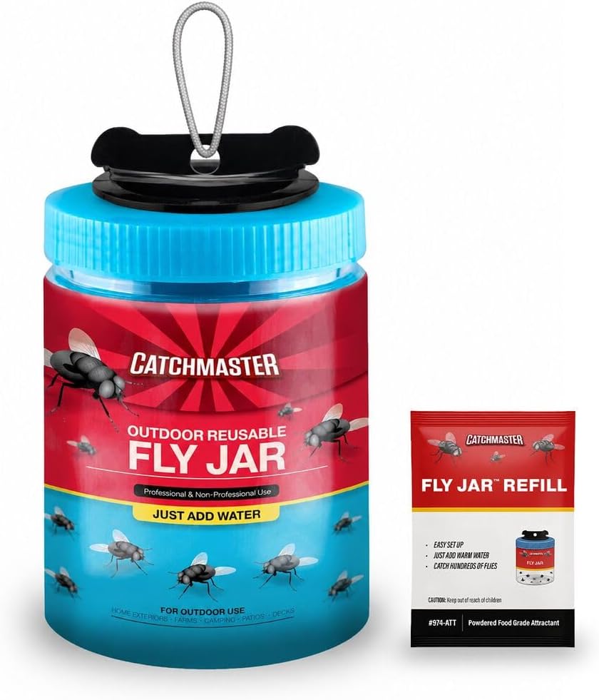 Catchmaster Reusable Outdoor Fly Trap, 2 Hanging Blue Jars with Bait | Catches All Species of Fly, Fly Traps Outdoor w/ Food-based lure, Odor Attracts Flies Away From People, Refill & Reuse