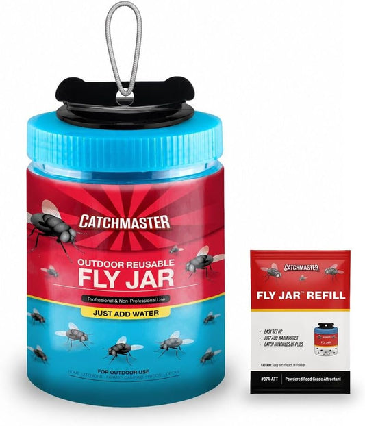 Catchmaster Reusable Outdoor Fly Trap, 2 Hanging Blue Jars with Bait | Catches All Species of Fly, Fly Traps Outdoor w/ Food-based lure, Odor Attracts Flies Away From People, Refill & Reuse