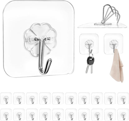 Heavy Duty Adhesive Hooks 33lb, Transparent Waterproof Removable, Damage-Free No Trace Wall Hooks for Towels Robes Keys, for Kitchen Bathroom Shower Outdoor, 20 Pack
