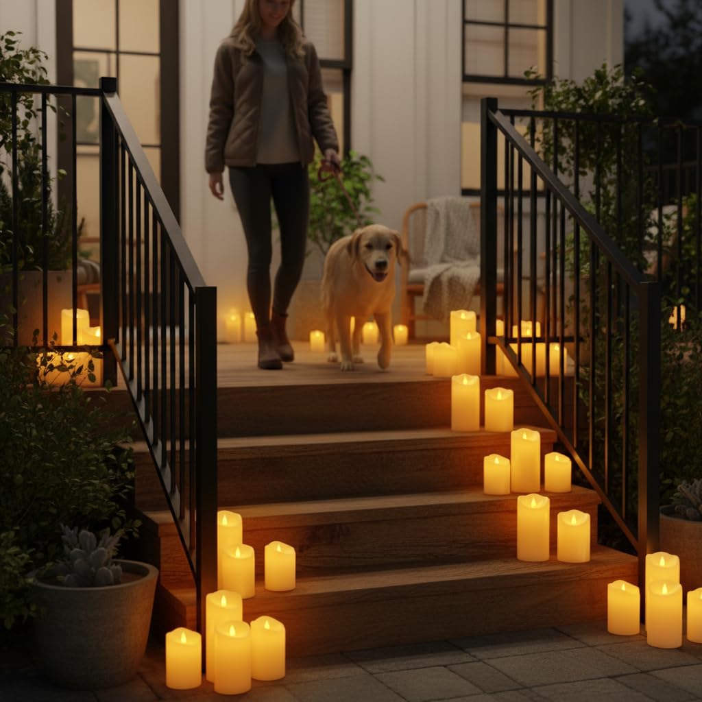 Outdoor Indoor Flameless Candles, Patented 3D Dual-LED, Set of 6 Slanted Top Durable Plastic Pillars with 2 Remotes & Timer, Non-Melting Waterproof Battery Candles for Patio Garden (Ivory)