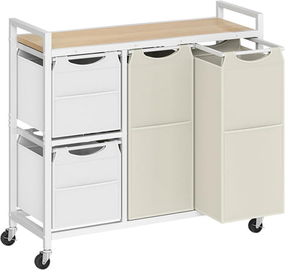 HOOBRO Laundry Sorter with 4 Section, 34 Gal. (127 L) Laundry Hamper with Wheels, Rolling Laundry Basket with Shelves, Pull-Out Detachable Bags, Side Pockets, White, Natural and Beige WNE14XY01N1