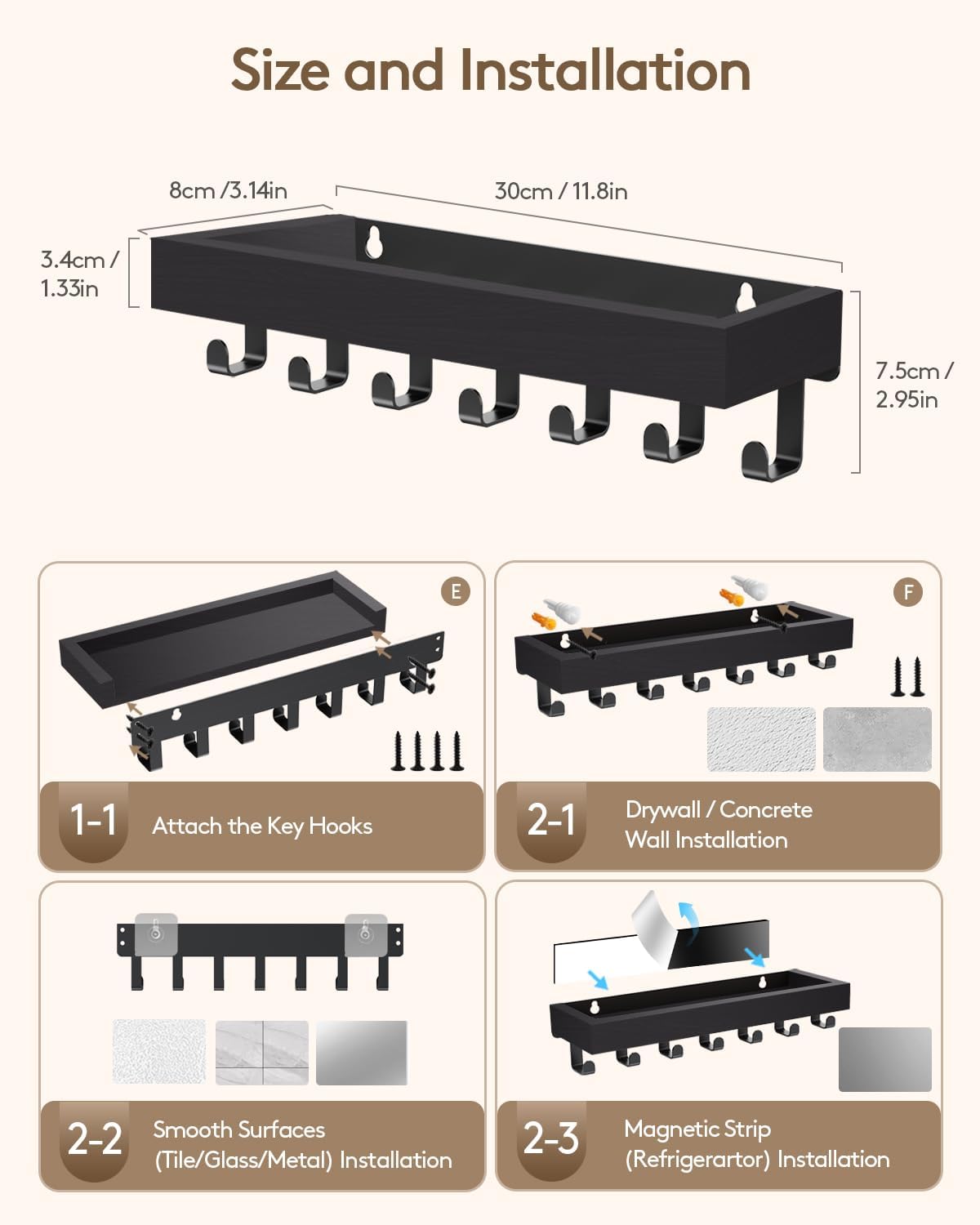 Key Holder Wall Mount Adhesive Magnetic - Hanging Key Hooks with Mail Organizer for Wallet House Accessories - Keys Hanger Rack with Shelf for RV Camper Entryway Door Home Living Room Decor Black