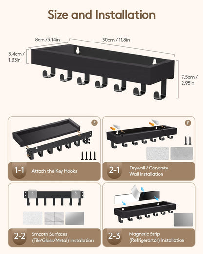 Key Holder Wall Mount Adhesive Magnetic - Hanging Key Hooks with Mail Organizer for Wallet House Accessories - Keys Hanger Rack with Shelf for RV Camper Entryway Door Home Living Room Decor Black