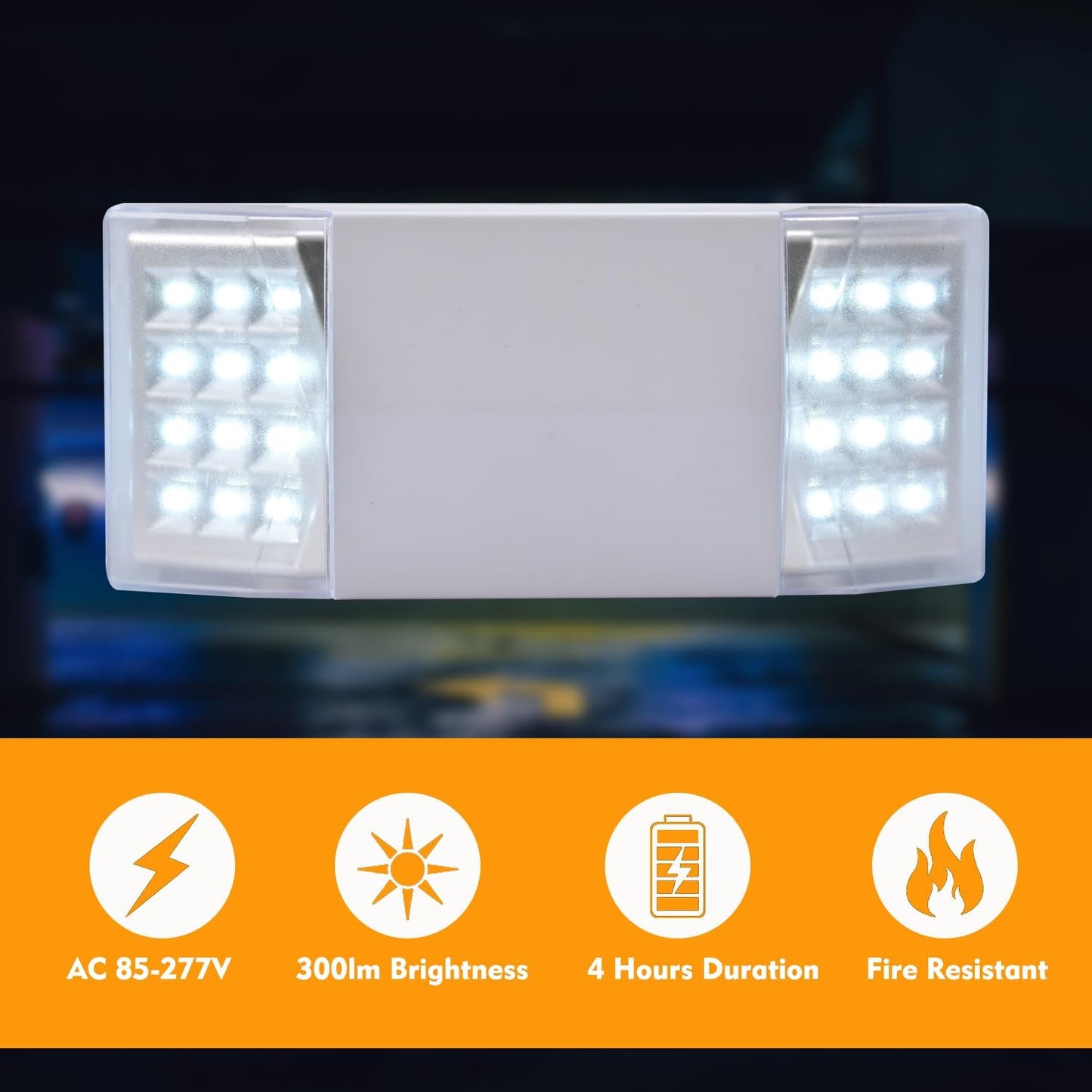 Plug in Emergency Lights for Business Home Power Failure 4Hours 300lm LED Commercial Emergency Light Fixtures with Battery Backup Rechargeable Adjustable Two Heads AC85-277V