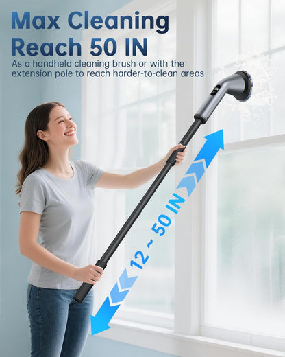 VICNOVA Electric Spin Scrubber, IPX7 Waterproof 2-Speed, Extendable Long Handle Cordless Cleaning Brush with 7 Replacement Brush Heads for Bathroom Shower Bathtub Glass Tub Tile Floor Car