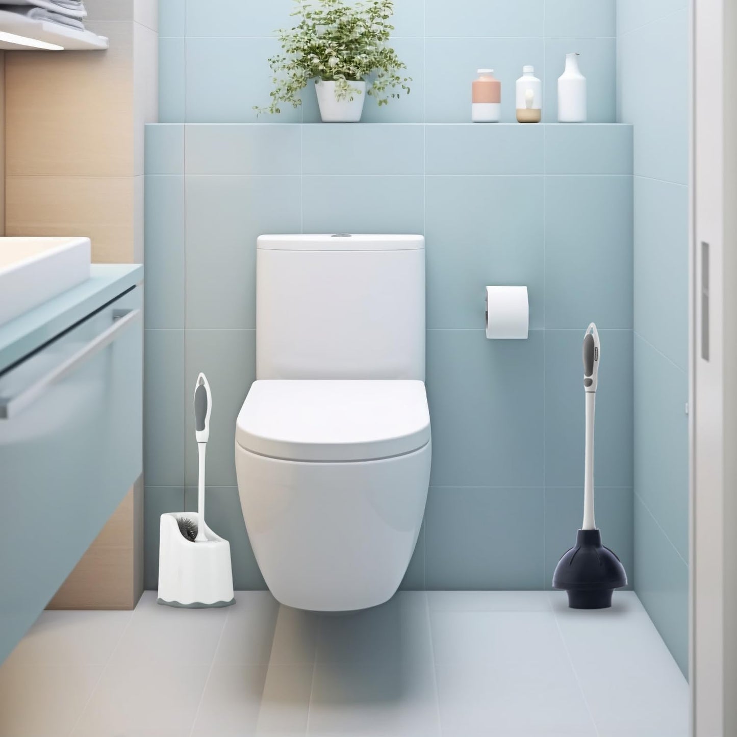 Superio Toilet Bowl Brush and Holder with Under Rim Cleaner for Bathroom, Toilet Brush and Caddy with Non Scratch Bristles and Under Rim Lip Brush
