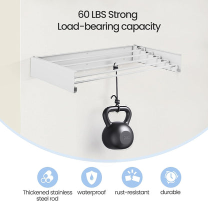 Wall Mounted Laundry Drying Rack, Carbon Steel Foldable & Retractable Clothes Drying Rack, Space Saving Adjustable Towel Holder for Bathroom, Laundry, Small Spaces (1, White, 31.5")