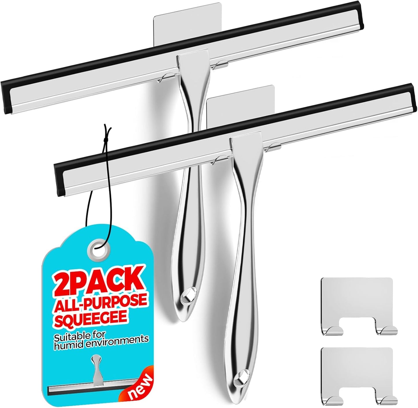 ALFLOD 2PACK Shower Squeegee for Glass Doors, Squeegee for Shower Glass，All-Purpose Tile Walls, Bathroom, Window, Glass and Car Windshield, Mirrors and Kitchen-Stainless Steel, 10 Inches, Silver