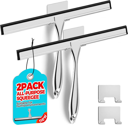 ALFLOD 2PACK Shower Squeegee for Glass Doors, Squeegee for Shower Glass，All-Purpose Tile Walls, Bathroom, Window, Glass and Car Windshield, Mirrors and Kitchen-Stainless Steel, 10 Inches, Silver
