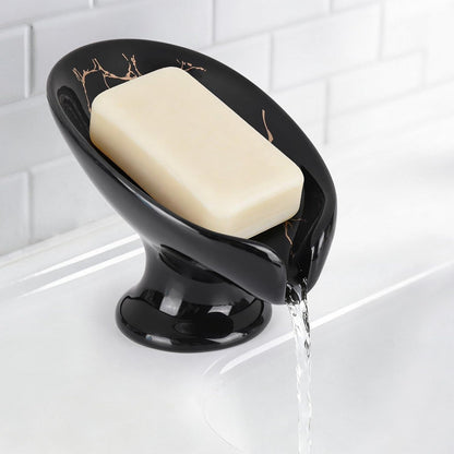 Soap Holder with Drain, Ceramic Soap Dish Self-Draining Bar Soap Tray for Shower Bathroom Kitchen, Black