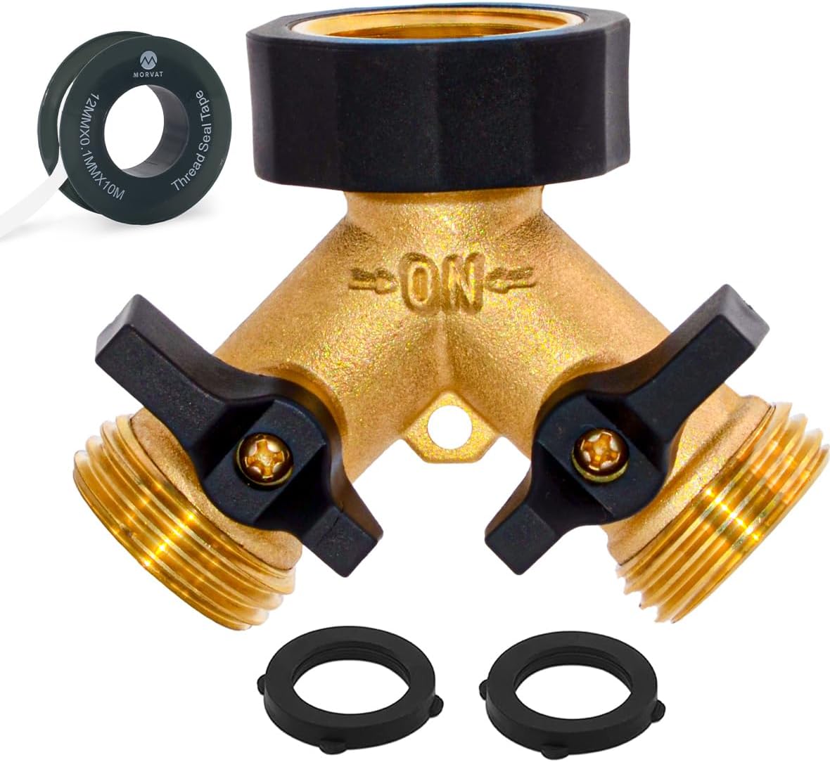 Morvat Garden Hose Splitter with Comfortable Rubber Grip Shut Off Valves, Heavy Duty Brass Connector, Water Tap, Y Splitter, 2 Valves, Outlet, Spigot, Includes Two Extra Washers & Roll of Teflon Tape