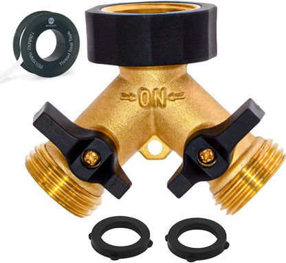 Morvat Garden Hose Splitter with Comfortable Rubber Grip Shut Off Valves, Heavy Duty Brass Connector, Water Tap, Y Splitter, 2 Valves, Outlet, Spigot, Includes Two Extra Washers & Roll of Teflon Tape