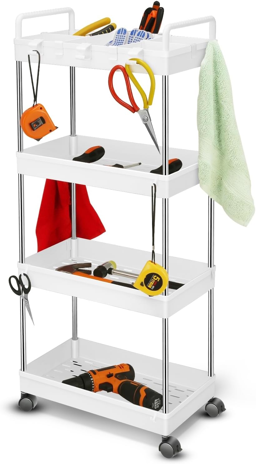 Auto Dynasty 3 Tier Slim Rolling Cart with Handle, Multifunction Utility Storage Rolling Cart, Movable Storage Organizer with Wheels for Office, Bathroom, Kitchen, Narrow Places (White)