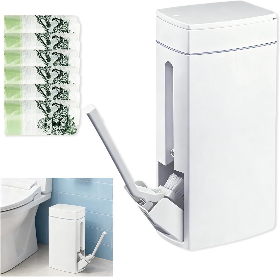Bathroom Trash Can with Toilet,Slim Bathroom Trash Can,Toilet Brush and Holder Set,4.5 Liter / 1.2 Gallon Press Type Odor Proof rv Trash can,for Bathrooms, RVs, Small Spaces