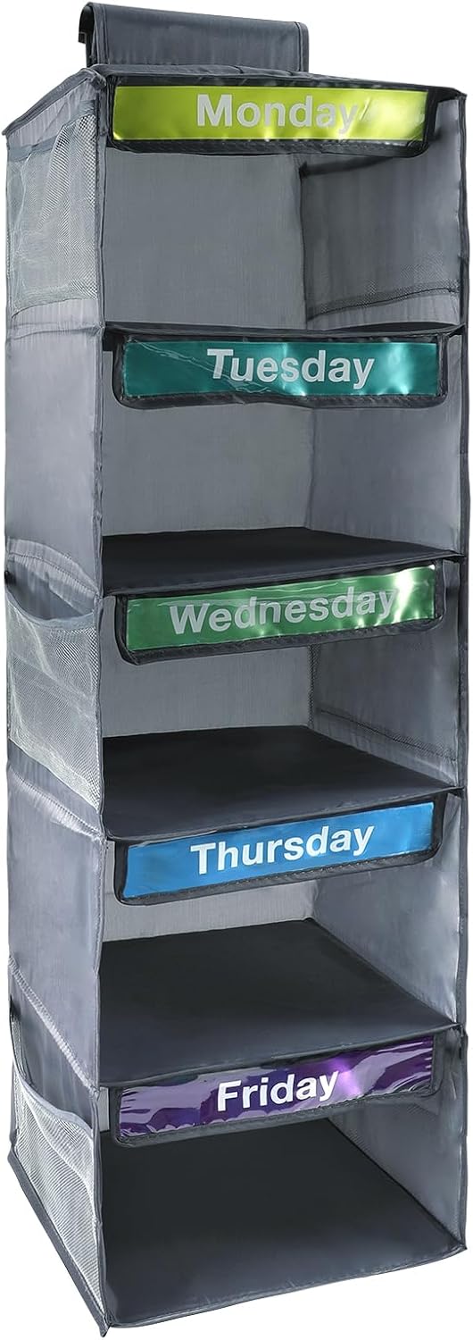 5-Shelf Weekly Clothes Organizer for Kids Days of The Week Hanging Storage Shelves Dorm Room Essential Daily Shelf Hanging Closet Organizer with 6 Side Pockets…