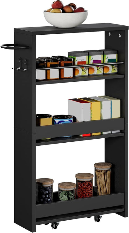 ChooChoo 4-Tier Slim Storage Cart, 7.87 inches Wide Narrow Storage Cabinet with 360° Wheels and 2 Hooks, Space-Saving Organizer for Kitchen, Narrow Places, Dining Room, Walnut+White