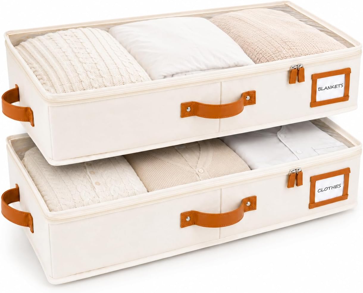 HOMELUX THEORY 2pc Low Profile Under Bed Storage Containers, Thin Under Couch Storage Organizer with Bins & Lids, Underbed Storage Box Ideal for Seasonal Clothes, Blankets, Fabric & Shoes (Ivory)
