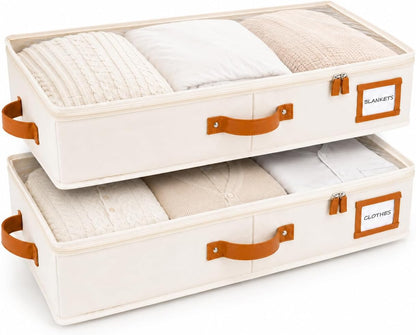 HOMELUX THEORY 2pc Low Profile Under Bed Storage Containers, Thin Under Couch Storage Organizer with Bins & Lids, Underbed Storage Box Ideal for Seasonal Clothes, Blankets, Fabric & Shoes (Ivory)