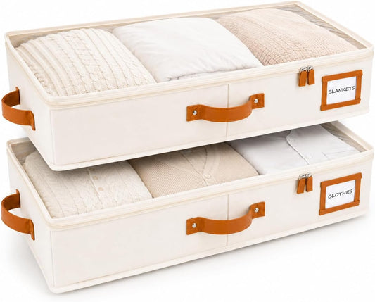 HOMELUX THEORY 2pc Low Profile Under Bed Storage Containers, Thin Under Couch Storage Organizer with Bins & Lids, Underbed Storage Box Ideal for Seasonal Clothes, Blankets, Fabric & Shoes (Ivory)