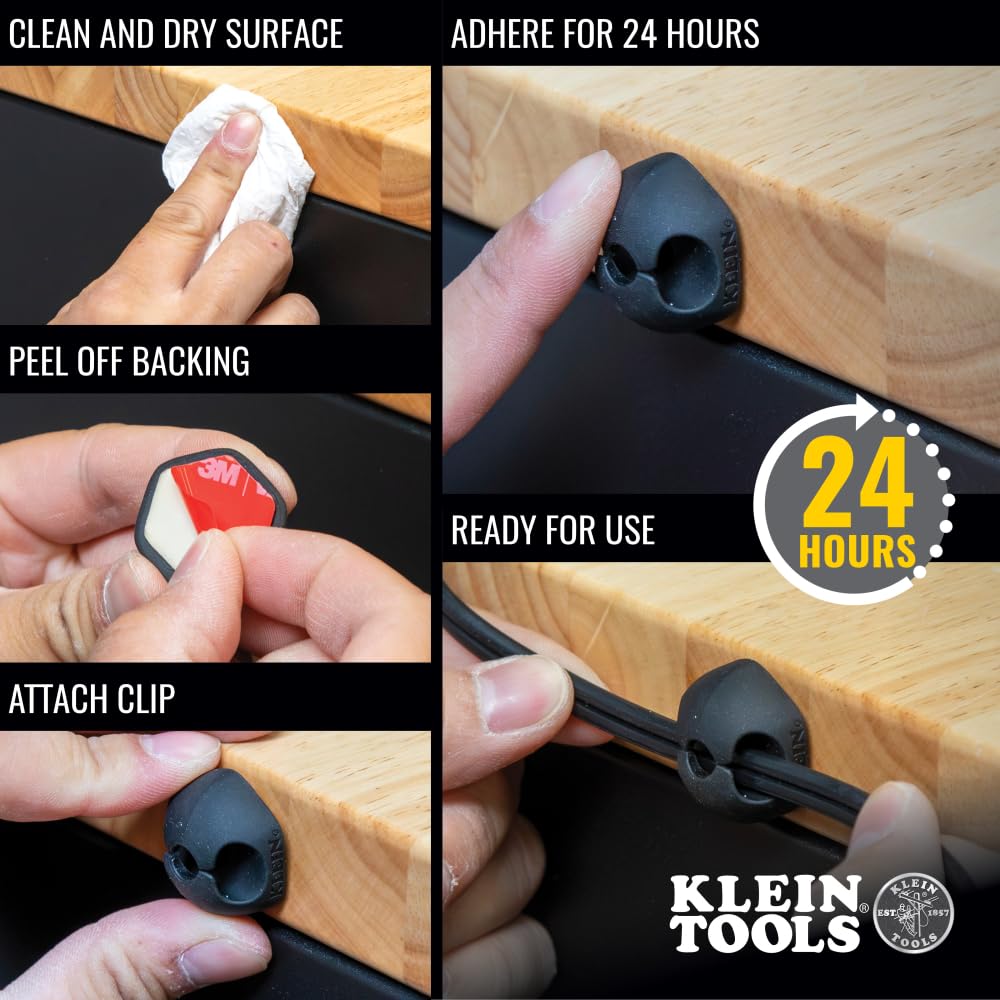 Klein Tools 450-410 Cable Clips, Made in USA, Self-Adhesive 3-Slot Cable, Cord Management Mounting Clips, Optional Screw for Permanent Mounting, 10-Pack