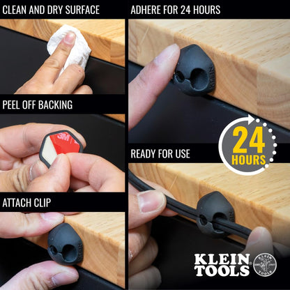 Klein Tools 450-410 Cable Clips, Made in USA, Self-Adhesive 3-Slot Cable, Cord Management Mounting Clips, Optional Screw for Permanent Mounting, 10-Pack