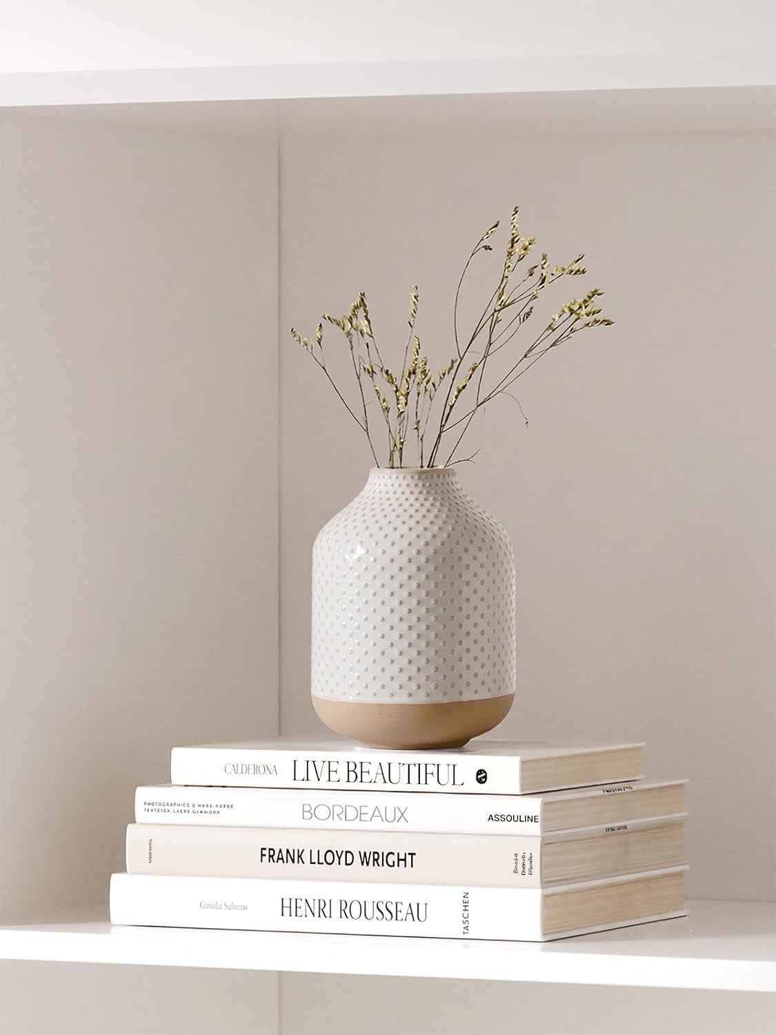 Small Boho Vase for Decor,Rustic Farmhouse Vase for Pampas Grass,Eucalyptus Set and Tiny Stem Flowers,Ceramic for Centerpieces, 5.3 Inch,Wave-Arctic White