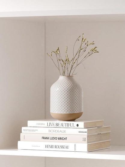 Small Boho Vase for Decor,Rustic Farmhouse Vase for Pampas Grass,Eucalyptus Set and Tiny Stem Flowers,Ceramic for Centerpieces, 5.3 Inch,Wave-Arctic White