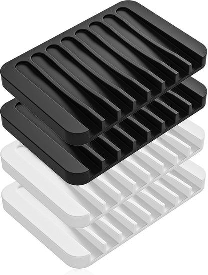 4-Pack Self Draining Soap Dish for Shower Bathroom Waterfall Silicone Soap Saver Tray Sponge Holder for Kitchen Sink Non-Slip Easy Clean (Black and White)