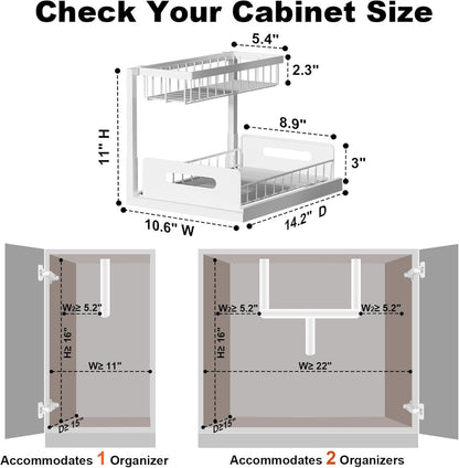REALINN Under Sink Organizer, Pull Out Cabinet Organizer, 2 Tier Metal Slide Out Shelf with L Shaped Design for Kitchen, Bathroom, Laundry, and Utility Cabinet Storage for Deep Cabinets, White, 2 Pack
