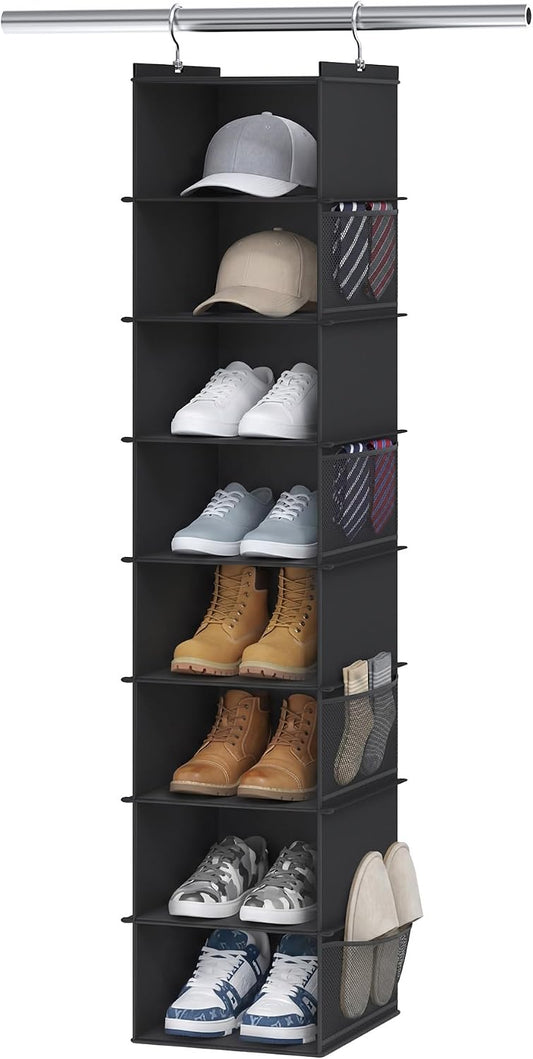 YOUDENOVA Upgraded Extra Wide Hanging Shoe Organizer for Closet, 8-Shelf Storage Organizer with 8 Side Pockets, Hanging Shoe Rack for Hats Clothes Jeans, Grey