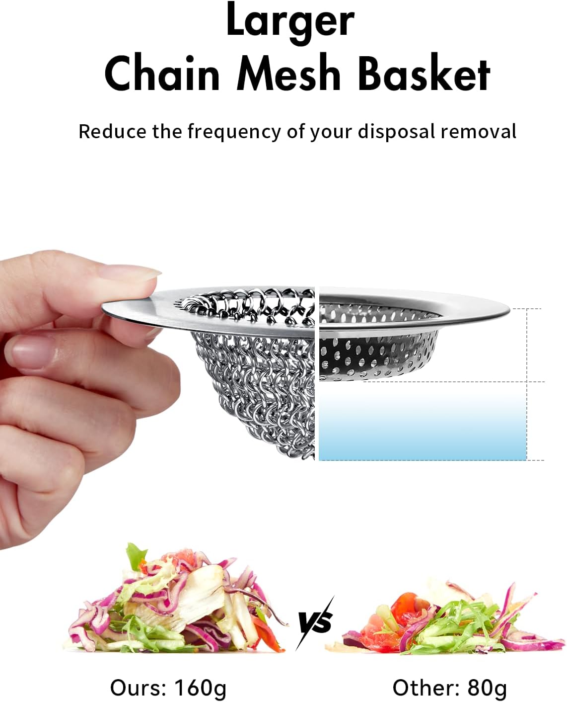 WOKDADA Upgraded Sink Drain Strainer, Patented Reversible Chain Mail Mesh | Anti-Slip Ring, Fast Drainage, Reversible Flip Clean, Rust-Proof, Universal 4.4-Inch, Large Capacity, Garbage Disposal Fit