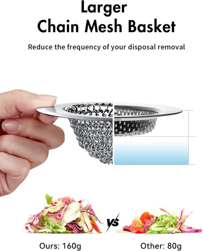 WOKDADA Upgraded Sink Drain Strainer, Patented Reversible Chain Mail Mesh | Anti-Slip Ring, Fast Drainage, Reversible Flip Clean, Rust-Proof, Universal 4.4-Inch, Large Capacity, Garbage Disposal Fit