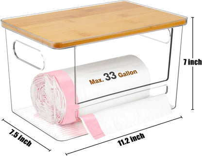 Trash Bag Dispenser 2 Pack - Under Sink Organizer, Plastic Bag Holder, Stackable Acrylic Garbage Bag Storage with Bamboo Lid for Kitchen Cabinet, 13/30/33 Gallon Grocery Bag Dispenser