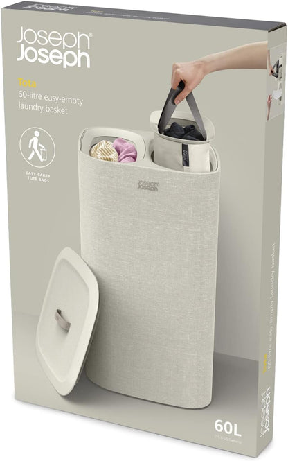 Joseph Joseph Tota Trio 90 liter/23.8 gallon Laundry Hamper Separation Basket with lid, 3 Removable Washing Bags with Handles- Ecru