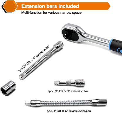 Egofine 46 Pieces 1/4 inch Drive Socket Ratchet Wrench Set, with Bit Socket Set Metric and Extension Bar for Auto Repairing and Household, with Storage Case