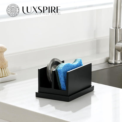 Luxspire Kitchen Sponge Holder, Dish Sponge Holder with with Drain Tray, Marble Sponge Holder for Kitchen Sink, Kitchen Sink Caddy 2 Compartments, Gravel White